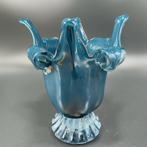 1980s Art Glass Abstract Vase Bowl Centerpiece Teal Blue Iridescent Finish Glass - Picture 15 of 15